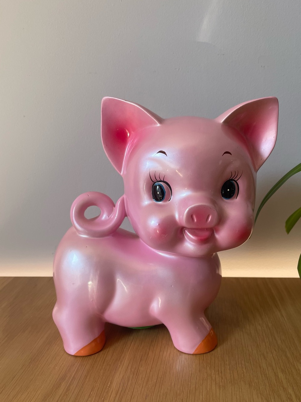 Vintage MCM Iridescent Pink Ceramic Anthropomorphic Piggy Coin Bank